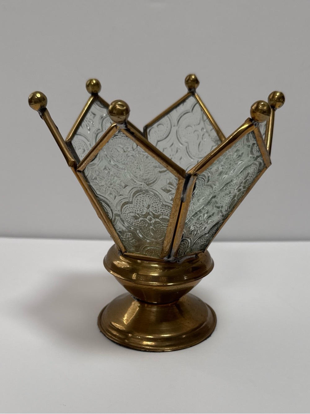 Vintage Crown Glass & Brass Decorative Votive Holder - Gold & Clear India fairy